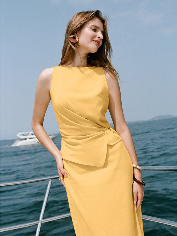2Pcs Set Boatneck Waist-Defined Top & Maxi Flared Pull-On Skirt