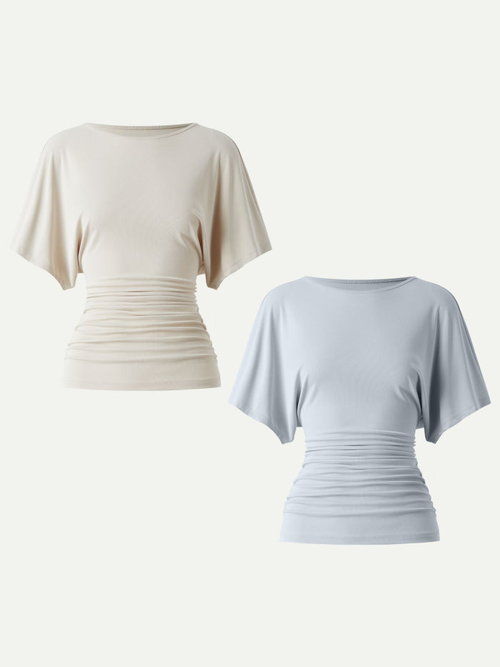 Effortless Boatneck Batwing Sleeve Side Ruched Top