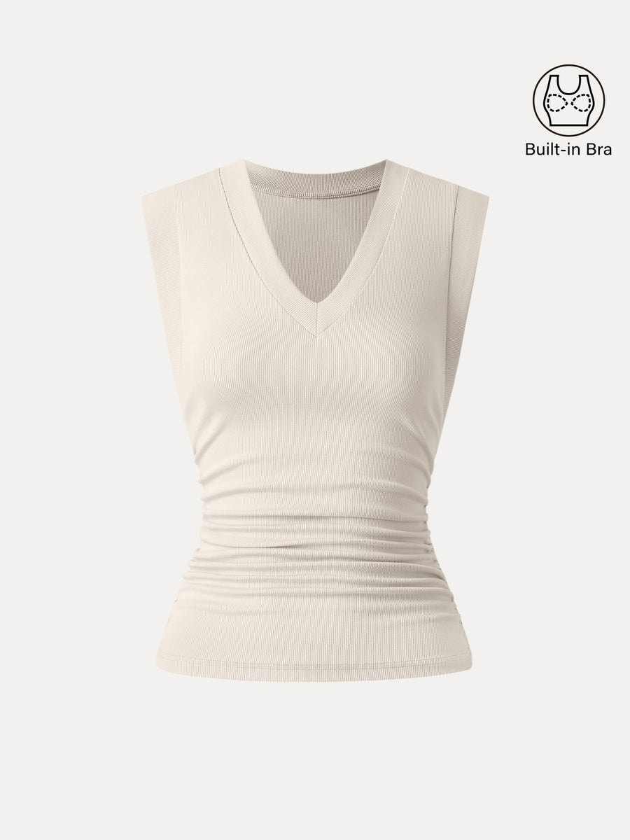 Stretch Cotton V-neck Side Ruched Muscle Bra Top