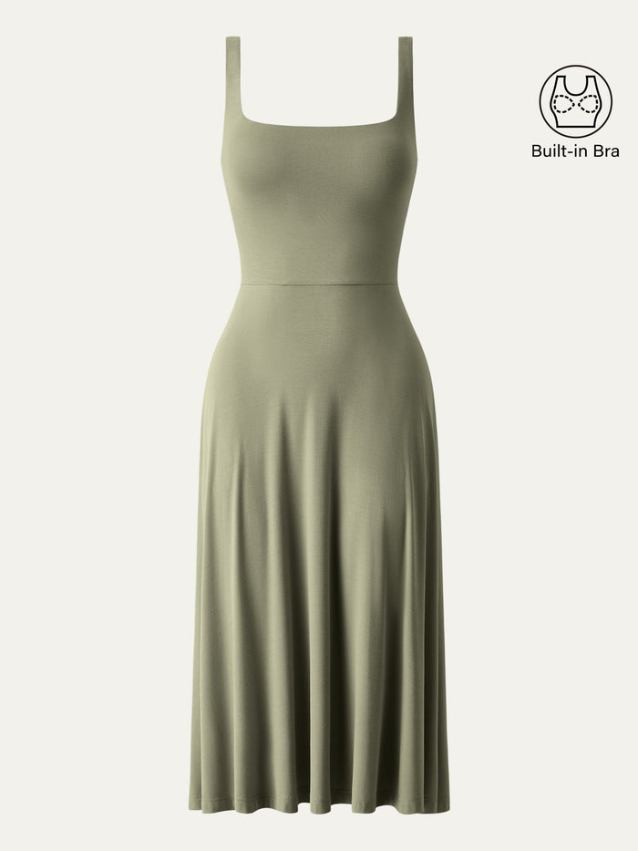 Square Neck Flowy New Airy Bra Midi Dress