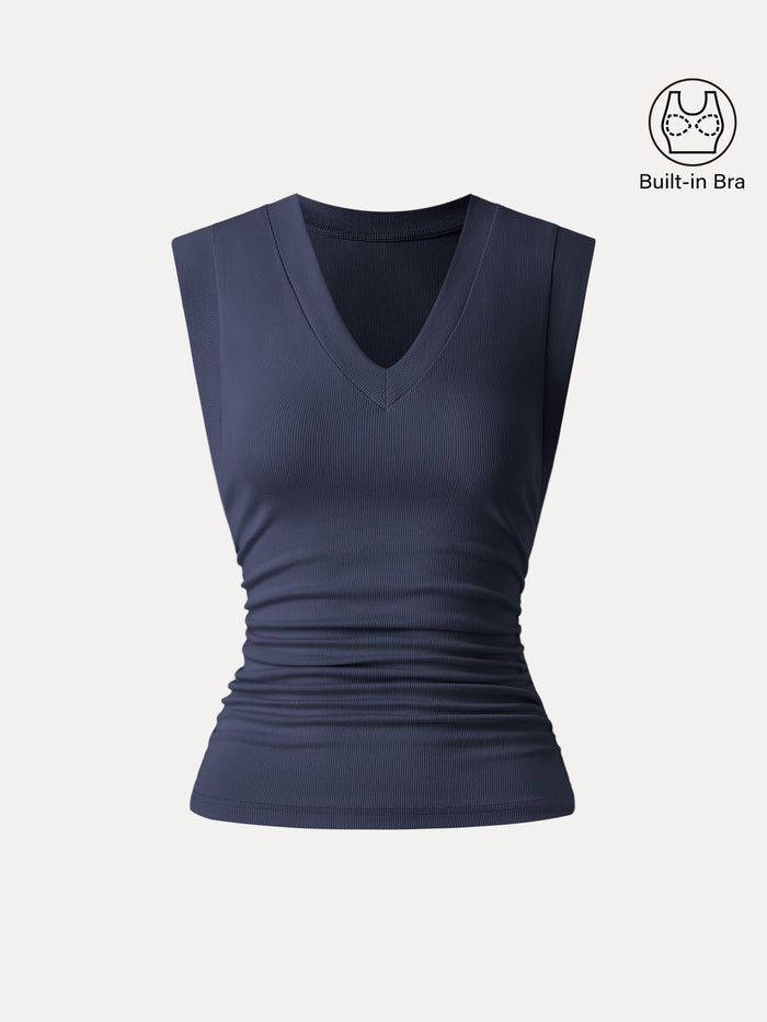 Stretch Cotton V-neck Side Ruched Muscle Bra Top