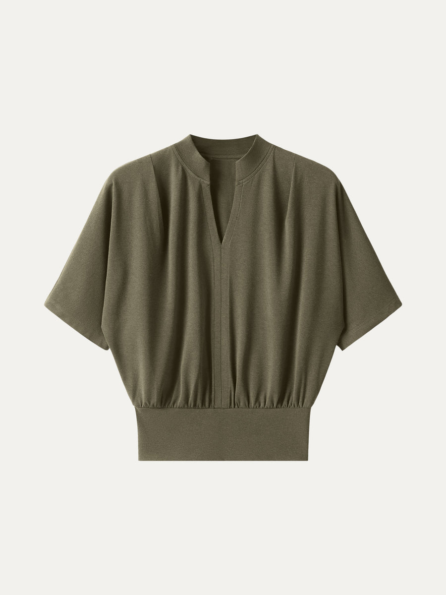 Stand Collar V-Neck Short Sleeve Top