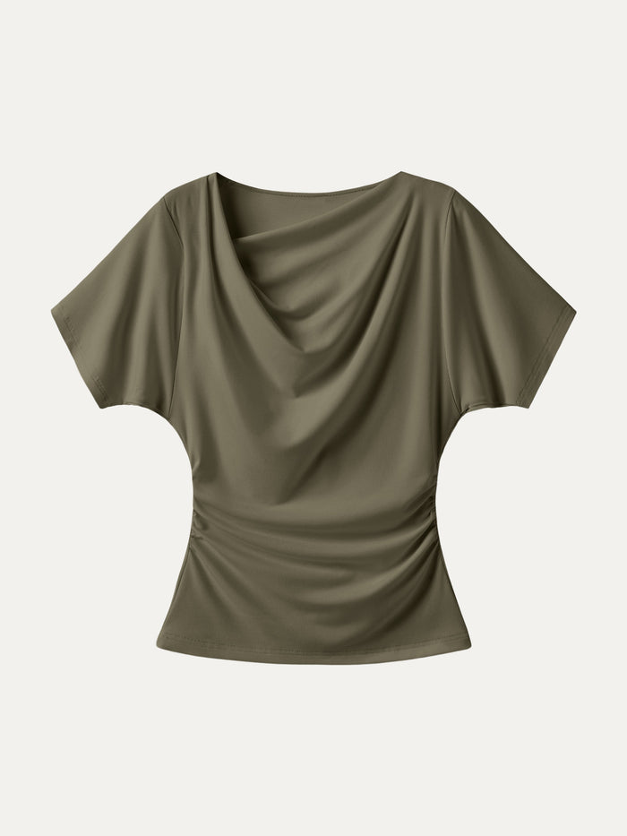 Asymmetrical Cowl Neck Ruched Top