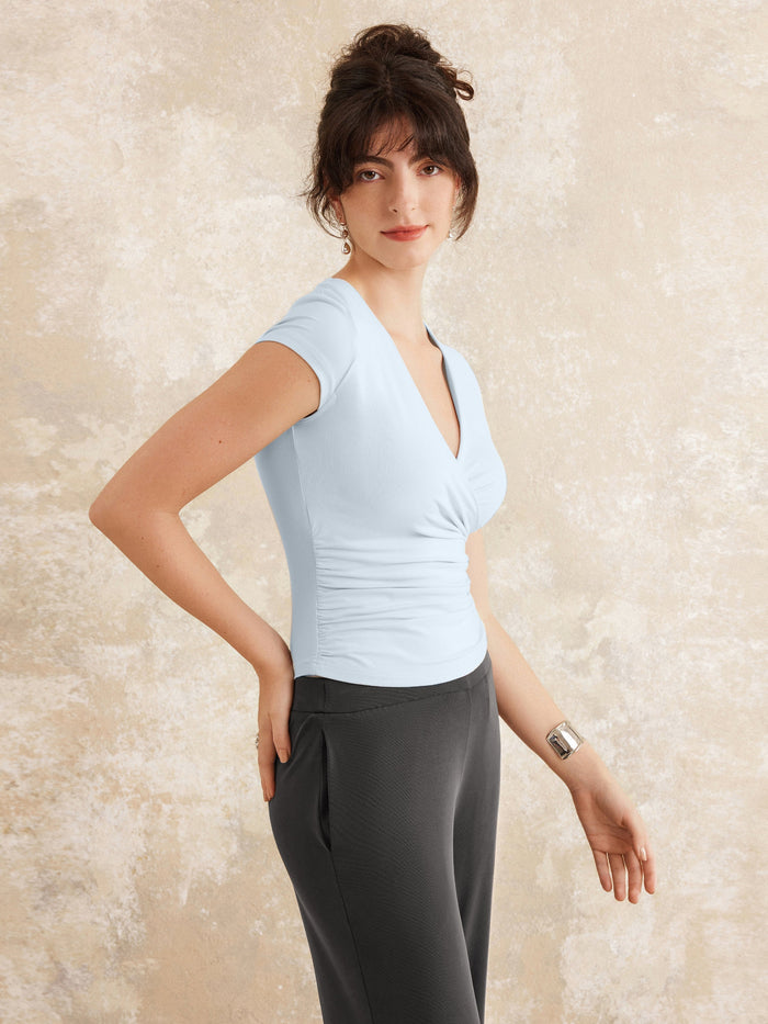 Surplice Cap Sleeve Side Ruched Fitted Tee