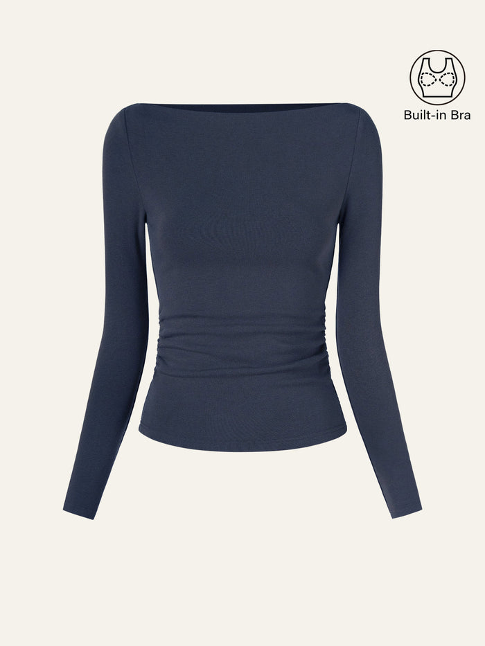 Modern Side Ruched Boatneck Bra Top