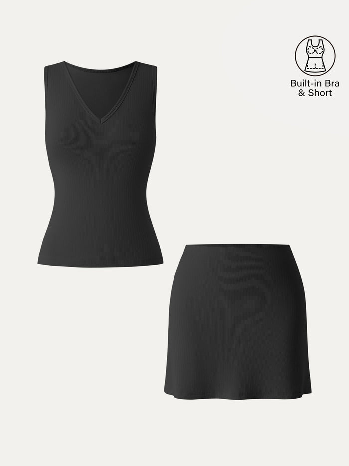 2Pcs Set V-neck Sleeveless Bra Tank & A-line Mini Skirt with Built-in Shorts