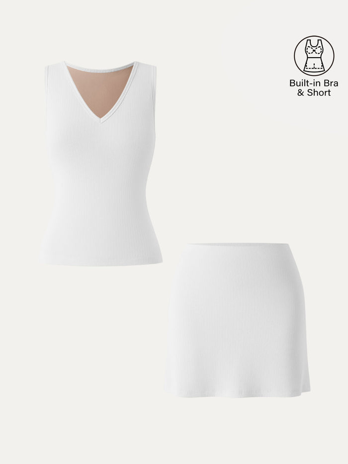 2Pcs Set V-neck Sleeveless Bra Tank & A-line Mini Skirt with Built-in Shorts