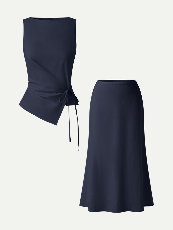 2Pcs Set Boatneck Waist-Defined Top & Maxi Flared Pull-On Skirt