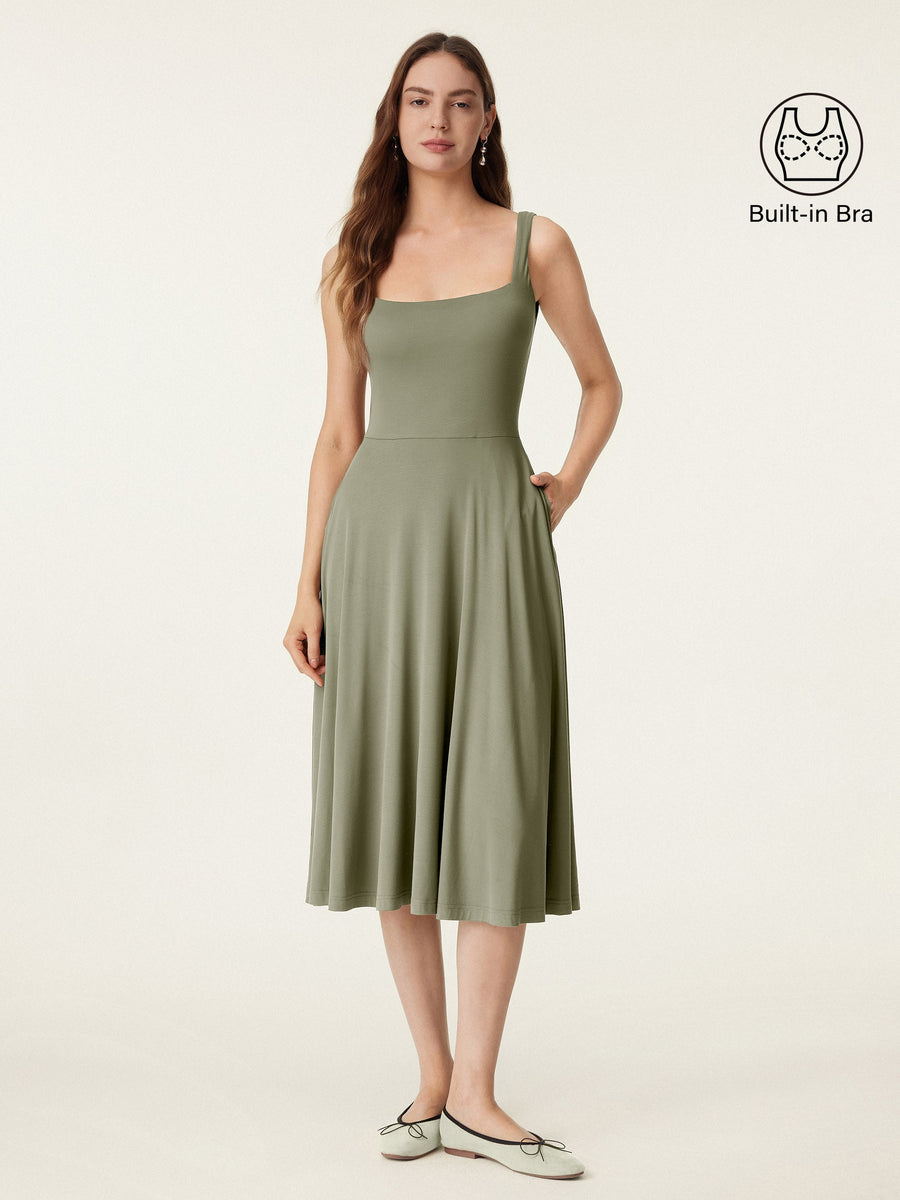 Square Neck Flowy New Airy Bra Midi Dress