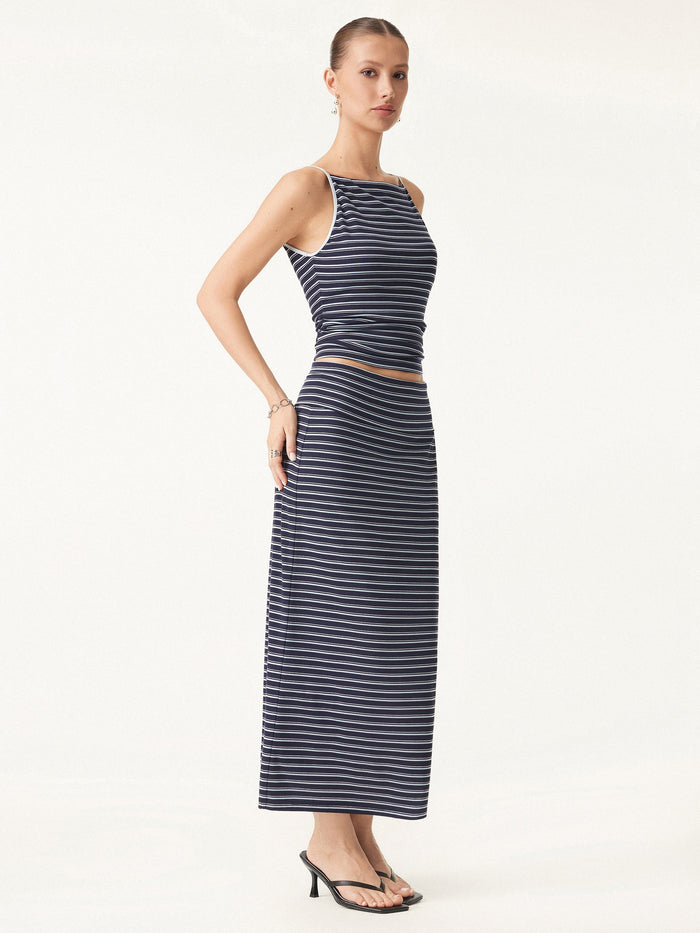 2Pcs Set Striped Spaghetti Bra Top & Low Rise Striped Midi Skirt