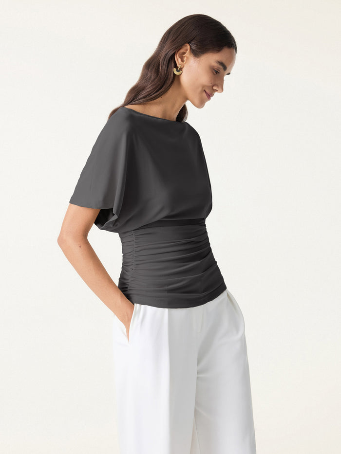 Effortless Boatneck Batwing Sleeve Side Ruched Top