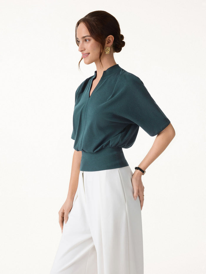 Stand Collar V-Neck Short Sleeve Top
