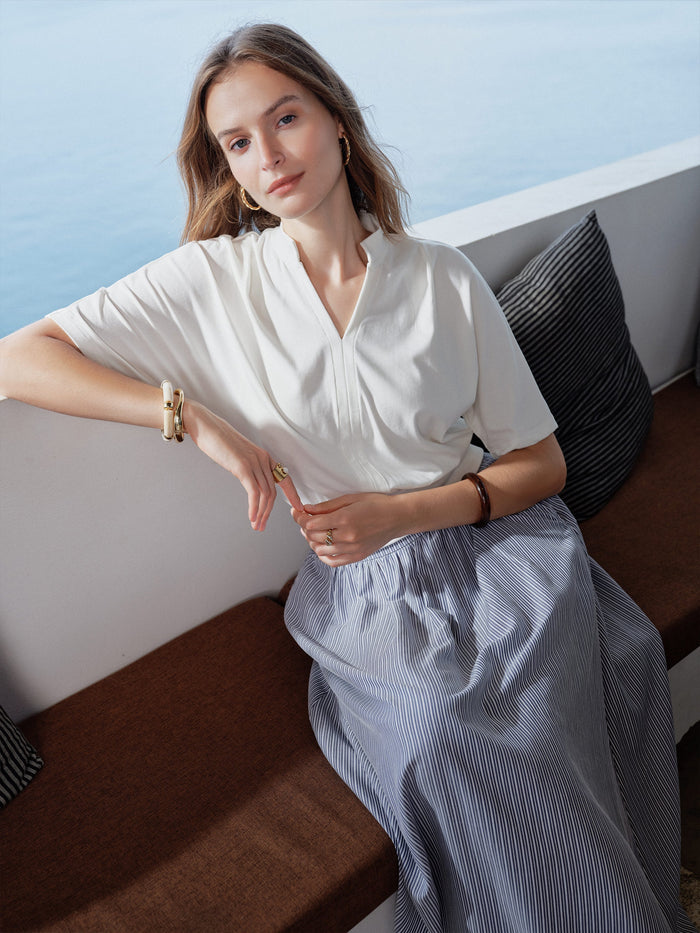 Stand Collar V-Neck Short Sleeve Top