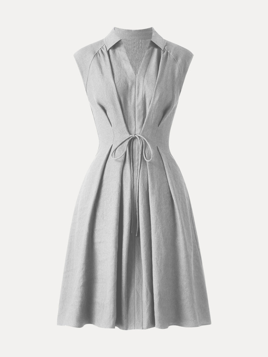 Viscose-Linen Collared V-neck Midi Dress with Drawstring