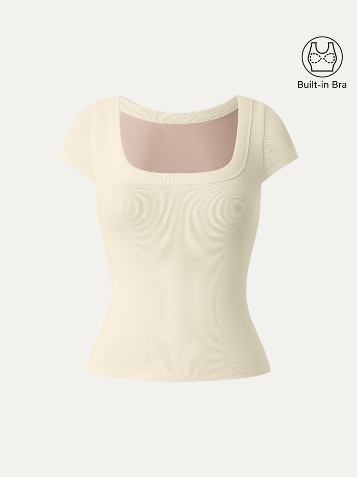 Stretch Cotton Square Neck Cap Sleeve Bra Top