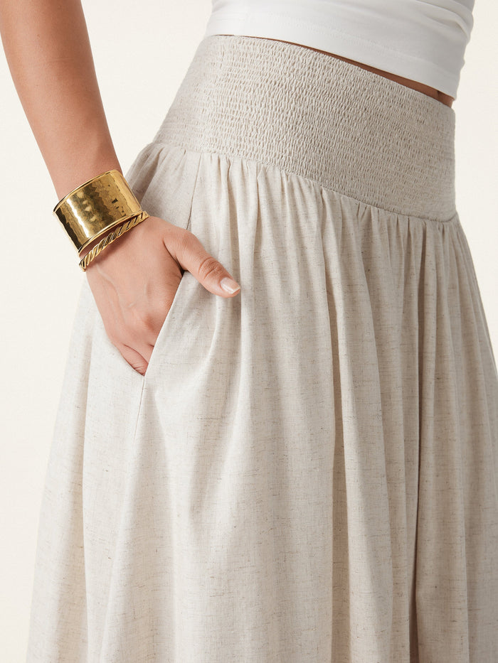 European Linen Smocked Waist Skirt with Pockets