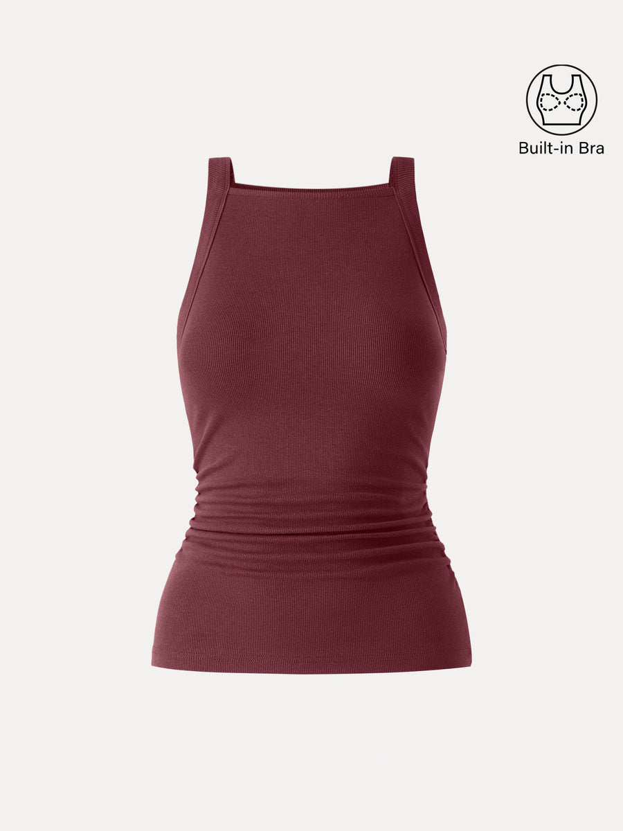 Plantive Chic Square Neck Ruched Rib Bra Tank