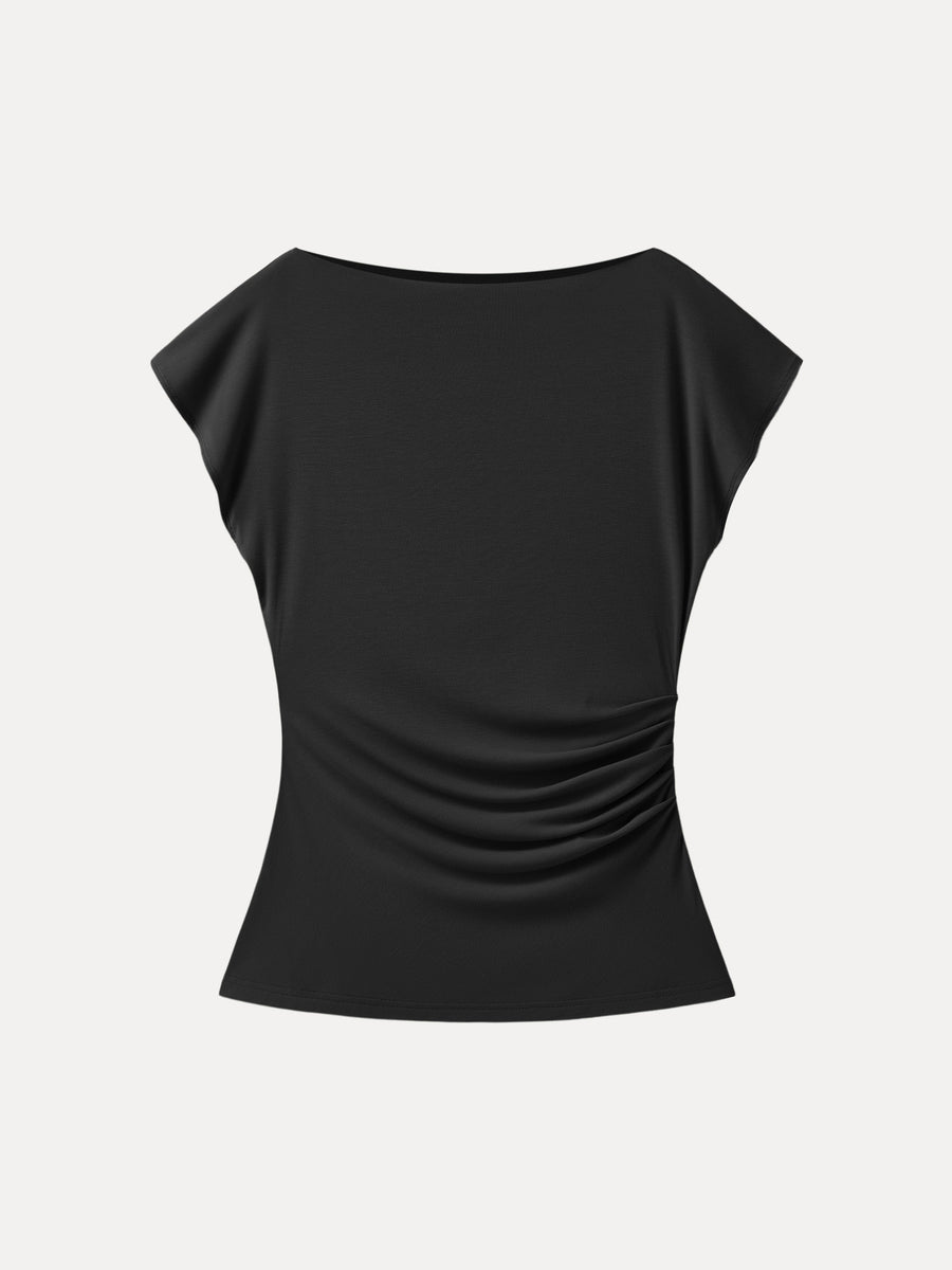 Boatneck Flutter Sleeve Side Tucked Long Tee