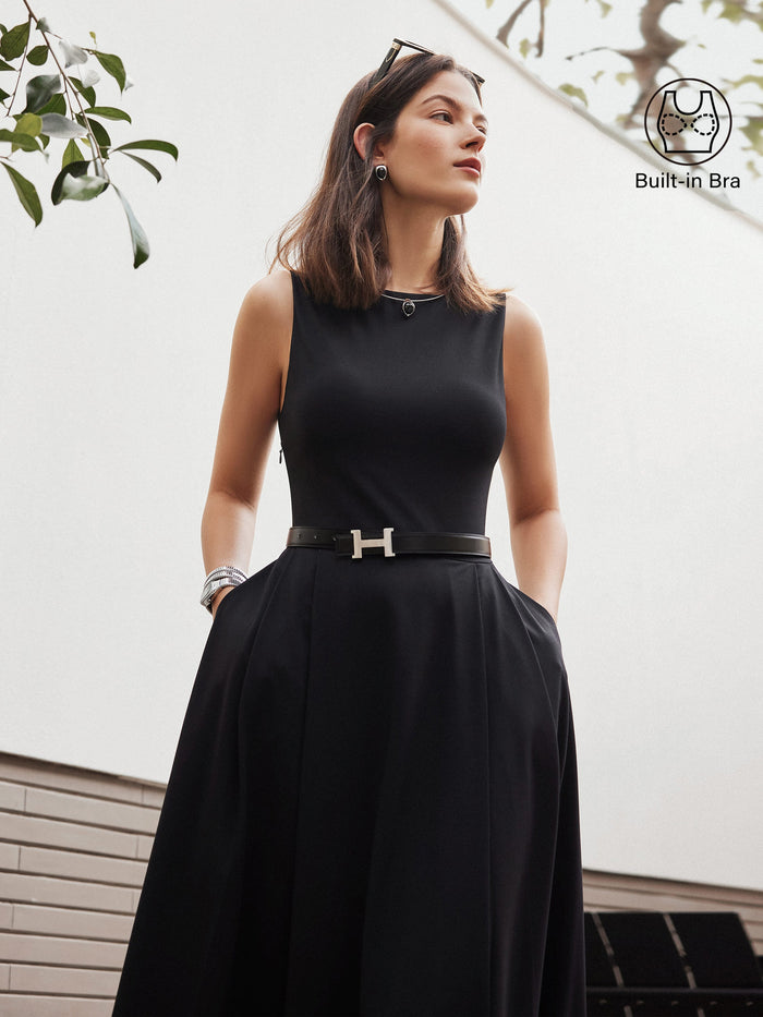 Boatneck Bamboo Ponte Bra Midi Dress with Pockets