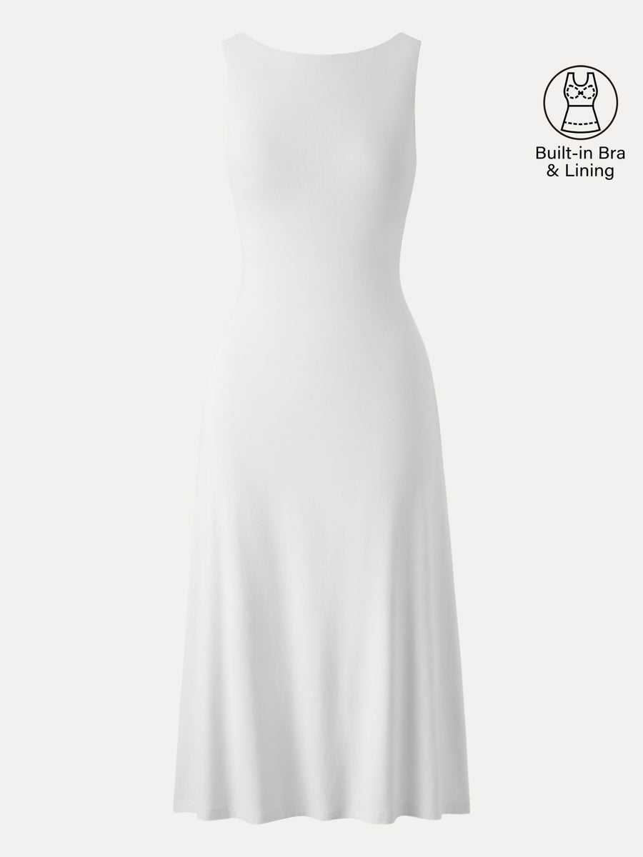Classy Boatneck Open Back Bandless Midi Bra Dress