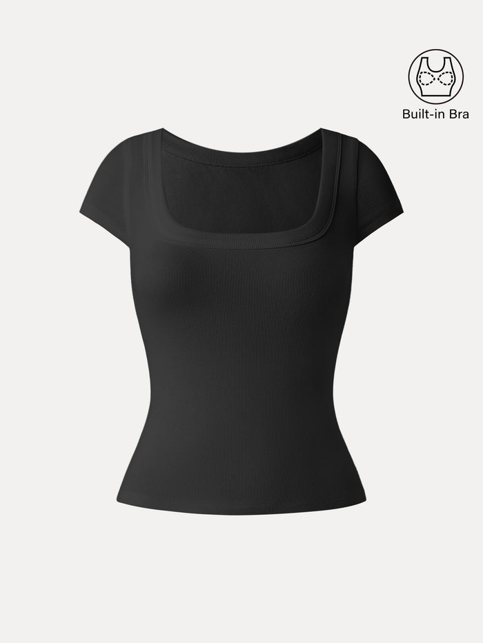 Stretch Cotton Square Neck Cap Sleeve Bra Top