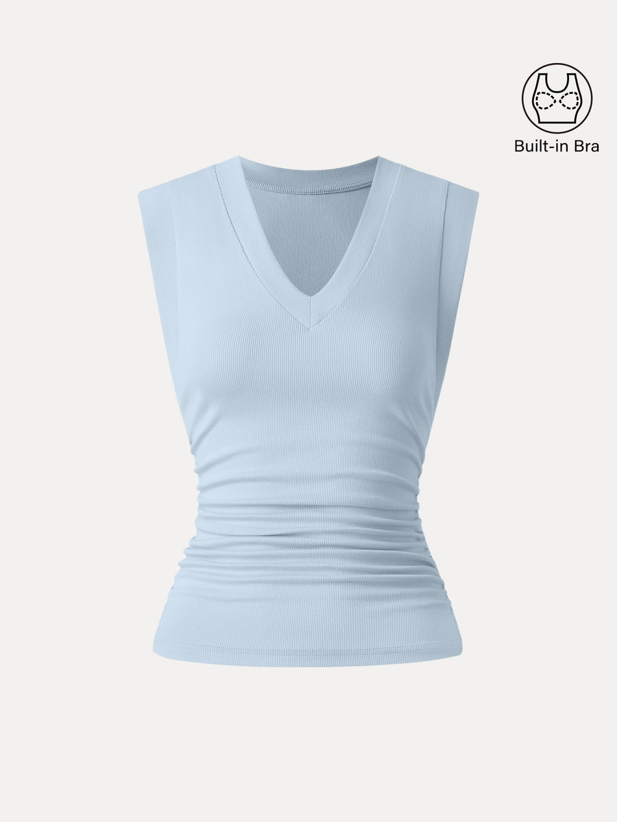 Stretch Cotton V-neck Side Ruched Muscle Bra Top