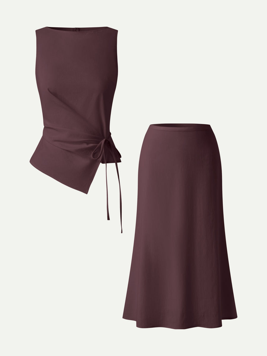 2Pcs Set Boatneck Waist-Defined Top & Maxi Flared Pull-On Skirt