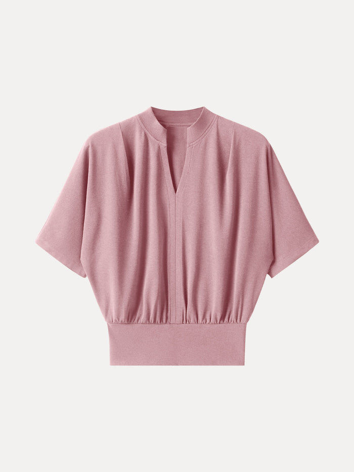 Stand Collar V-Neck Short Sleeve Top