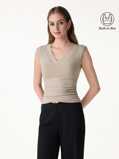 Sweat-Wicking V-Neck Wide Shoulder Ruched Bra Top