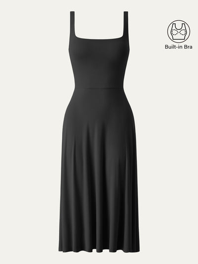 Square Neck Flowy New Airy Bra Midi Dress
