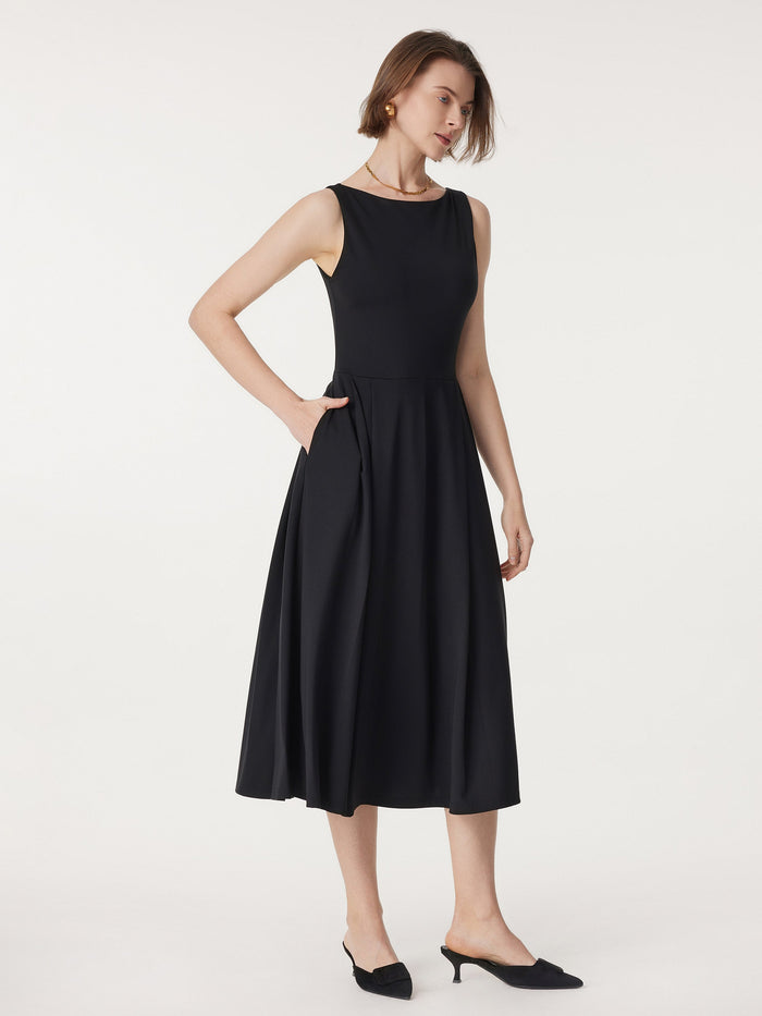 Boatneck Bamboo Ponte Bra Midi Dress with Pockets