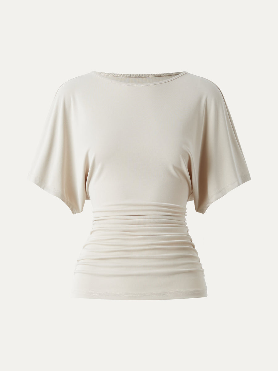 Effortless Boatneck Batwing Sleeve Side Ruched Top