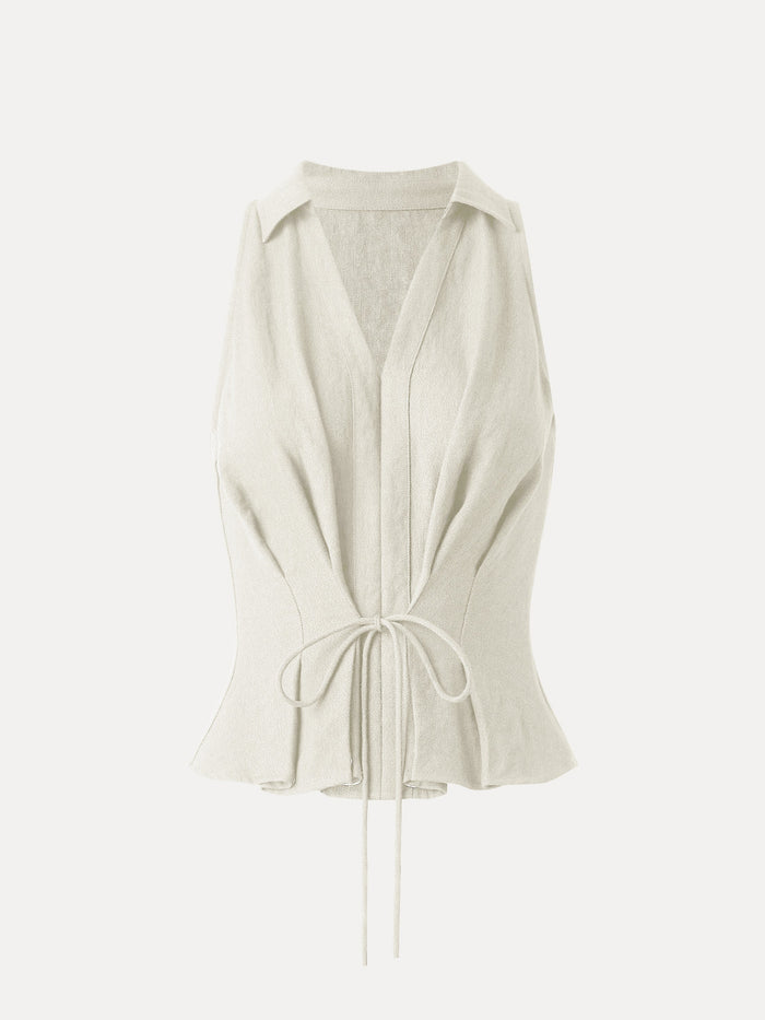 Collared V-neck Pleated Sleeveless Top with Drawstring
