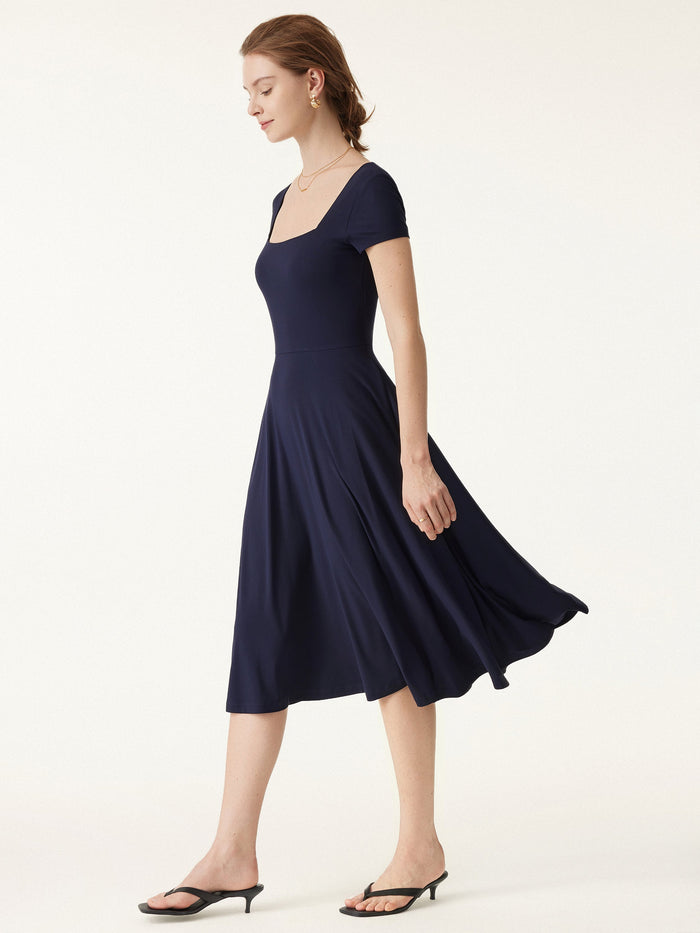 Flowy Square Neck Short Sleeve Midi Bra Dress