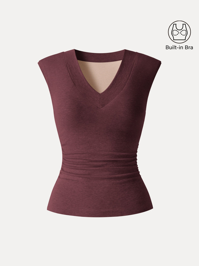 Sweat-Wicking V-Neck Wide Shoulder Ruched Bra Top