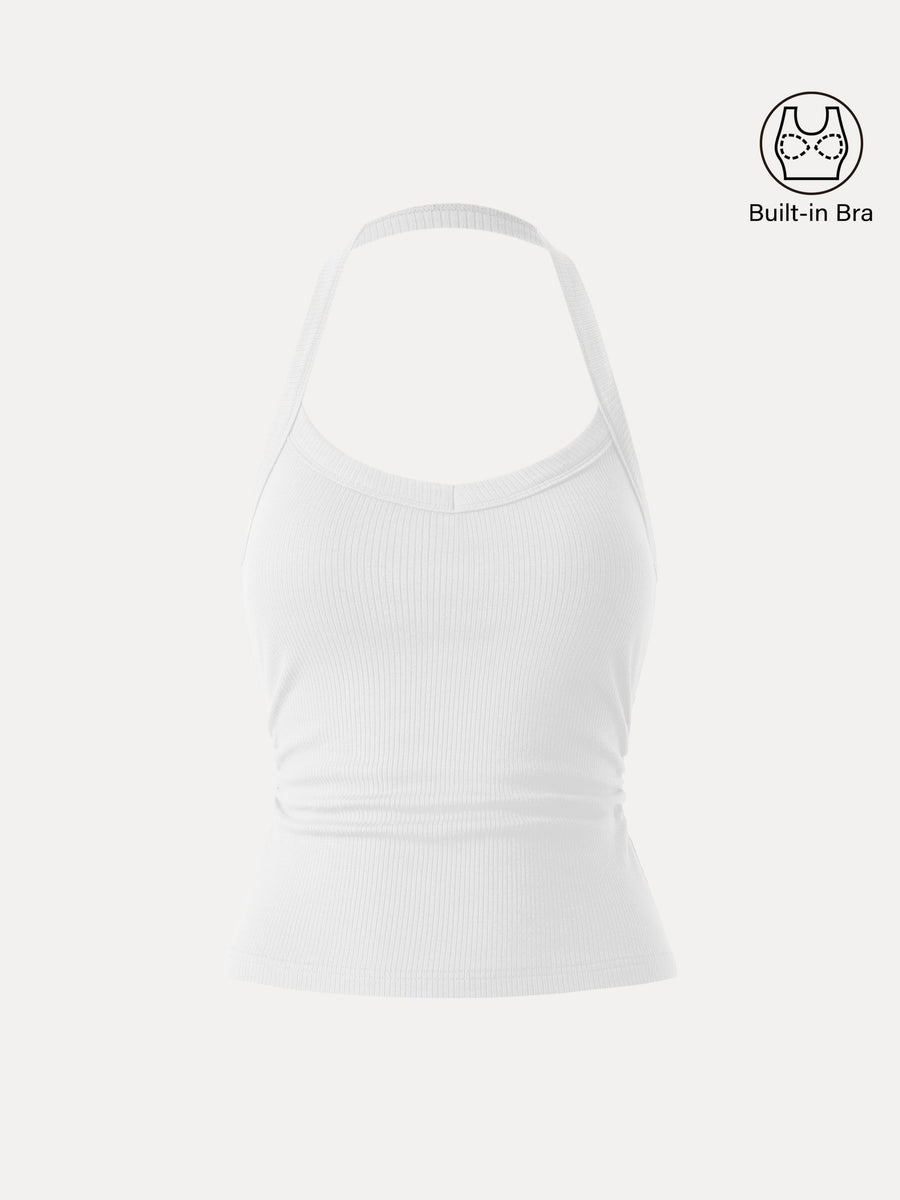 Halter Neck Side Ruched Ribbed Bra Tank