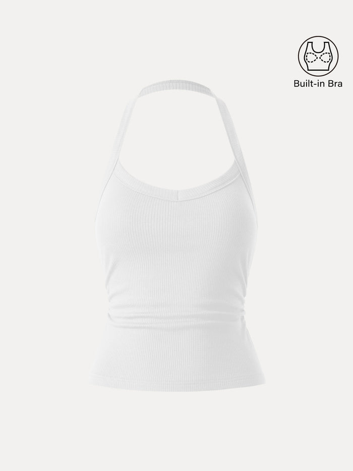 Halter Neck Side Ruched Ribbed Bra Tank