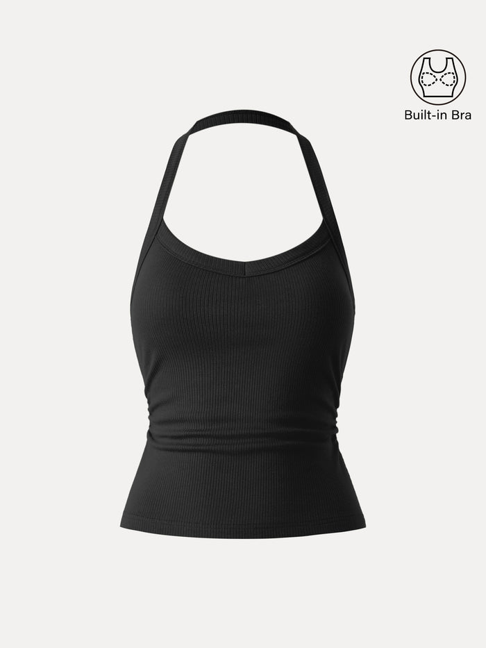 Halter Neck Side Ruched Ribbed Bra Tank