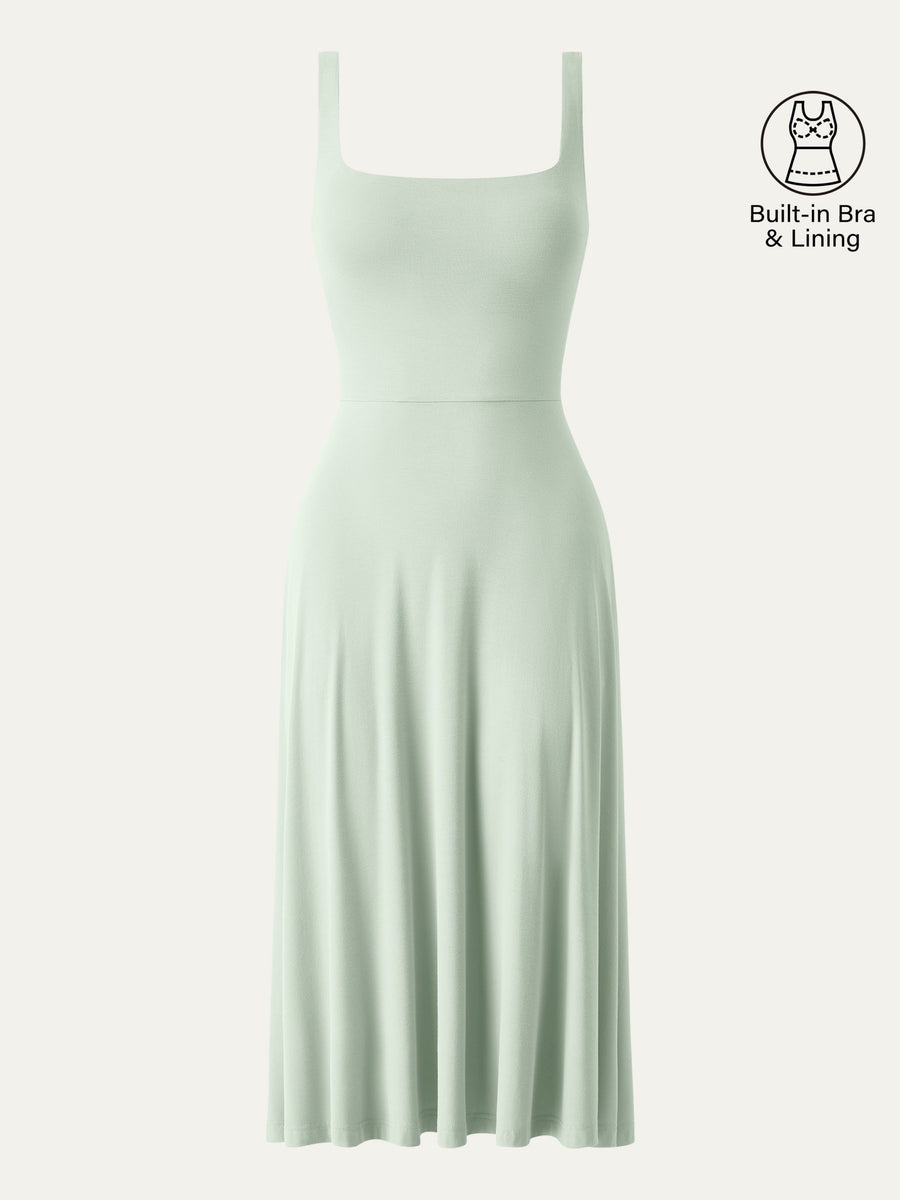 Square Neck Flowy New Airy Bra Midi Dress