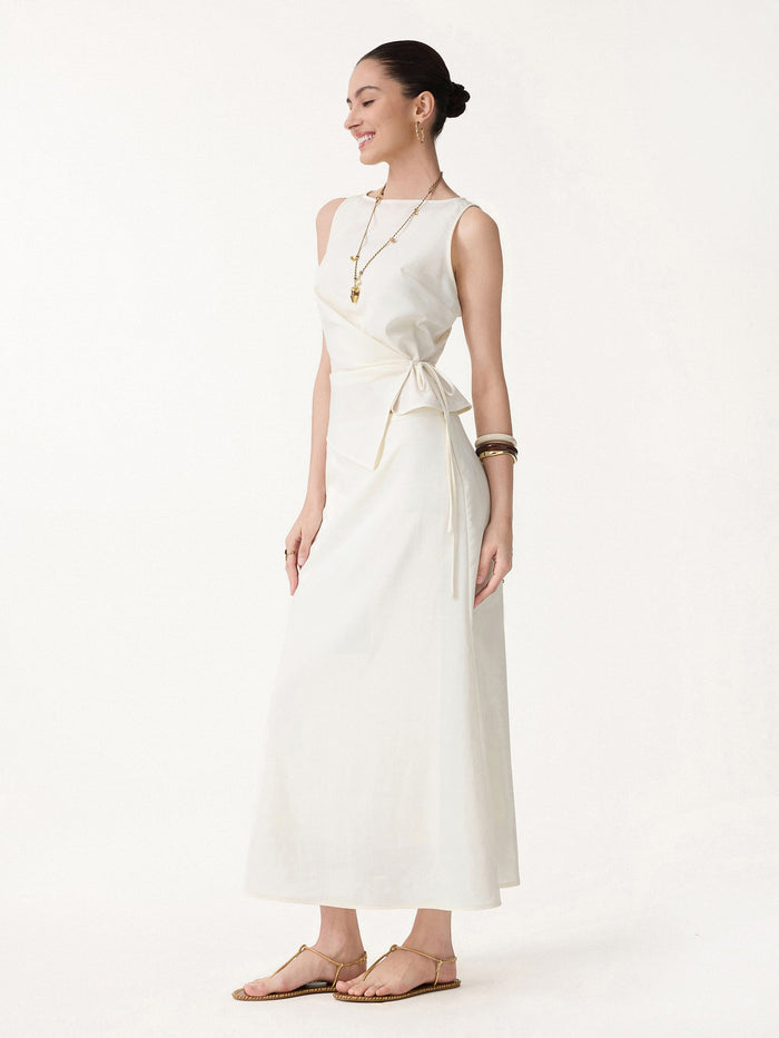 2Pcs Set Boatneck Waist-Defined Top & Maxi Flared Pull-On Skirt