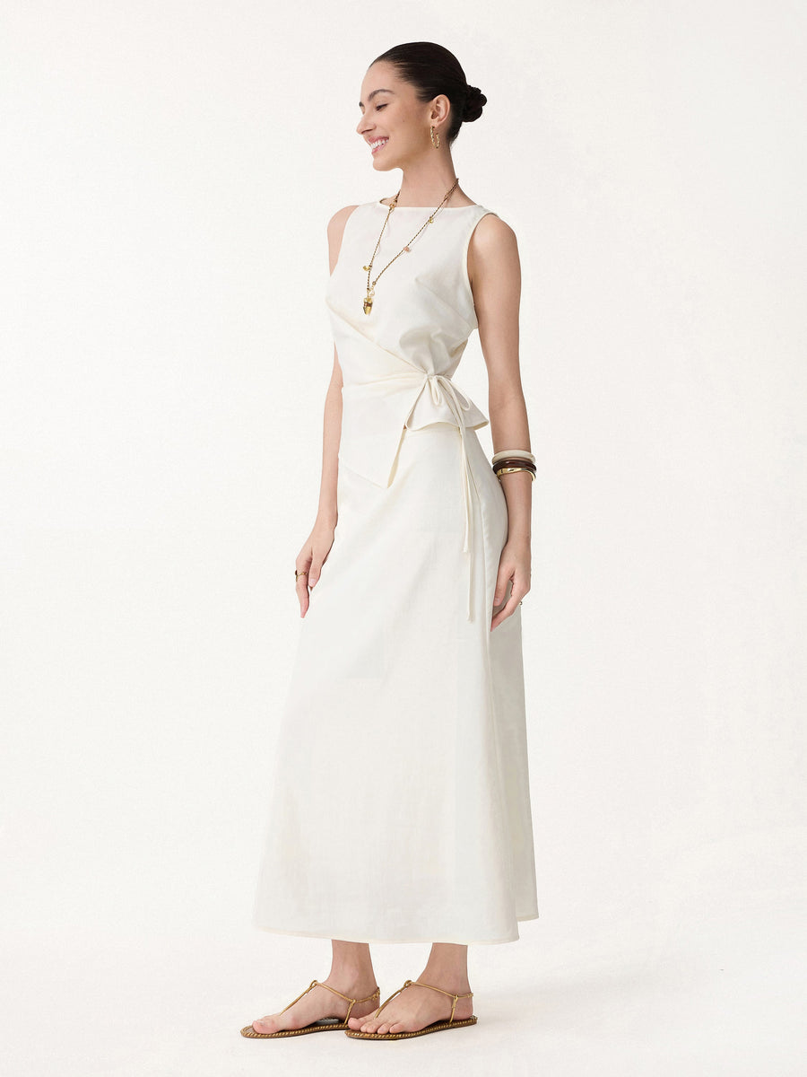 2Pcs Set Boatneck Waist-Defined Top & Maxi Flared Pull-On Skirt