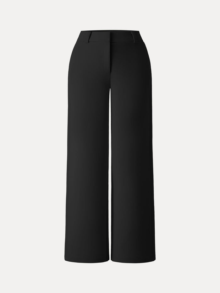 Stretchy Mid Rise Fly-Front Wide Leg Trouser