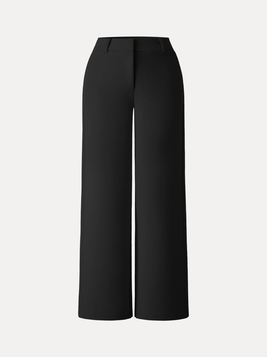 Stretchy Mid Rise Fly-Front Wide Leg Trouser