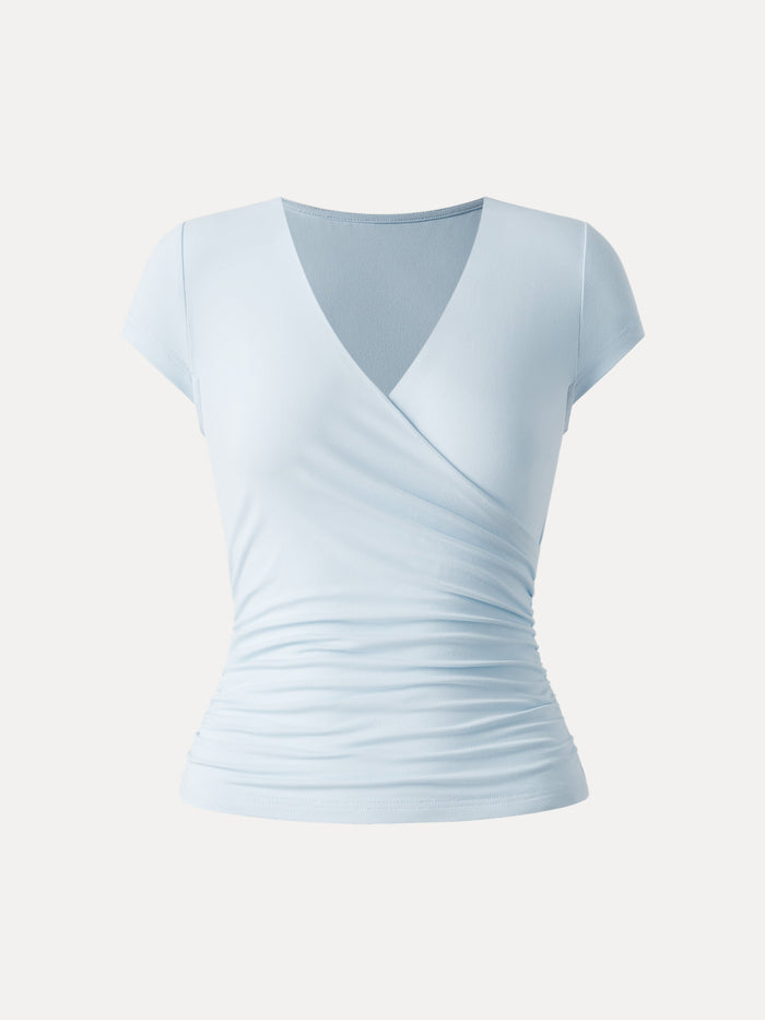 Surplice Cap Sleeve Side Ruched Fitted Tee