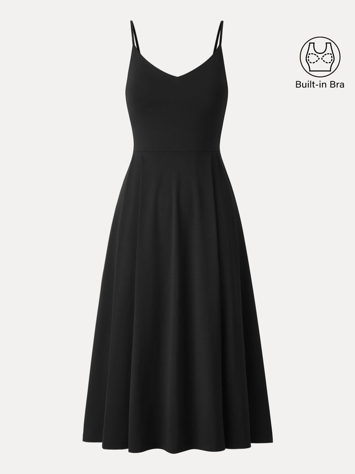 Bamboo Ponte V-neck Fit-and-flare Midi Bra Sundress with Pockets