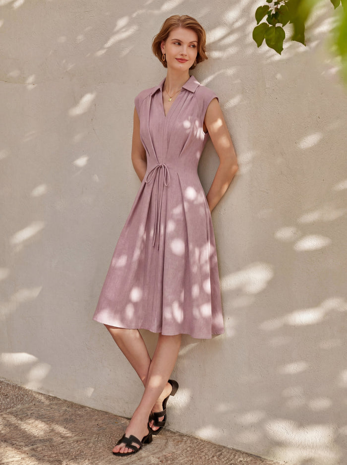 Viscose-Linen Collared V-neck Midi Dress with Drawstring