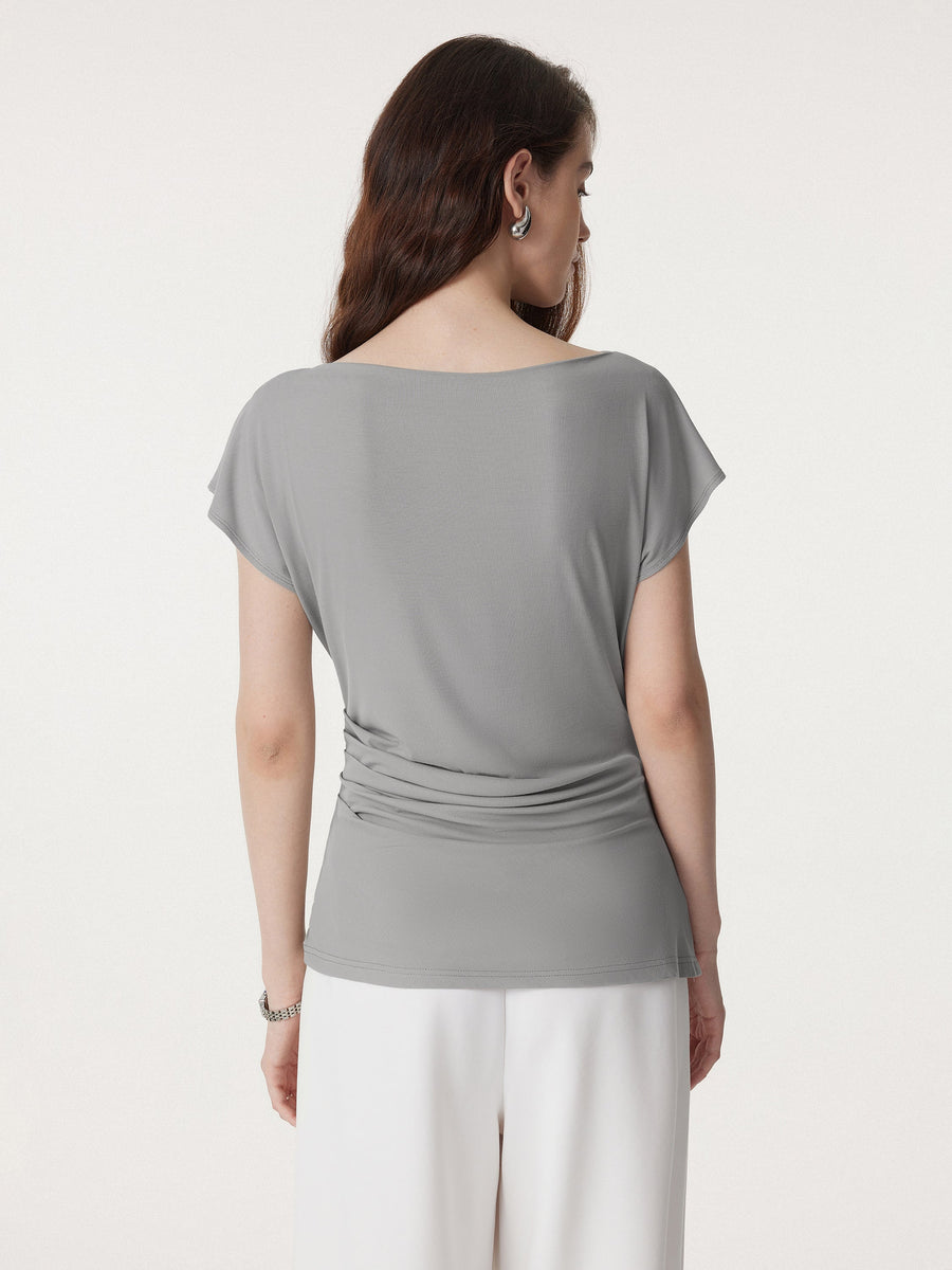 Boatneck Flutter Sleeve Side Tucked Long Tee