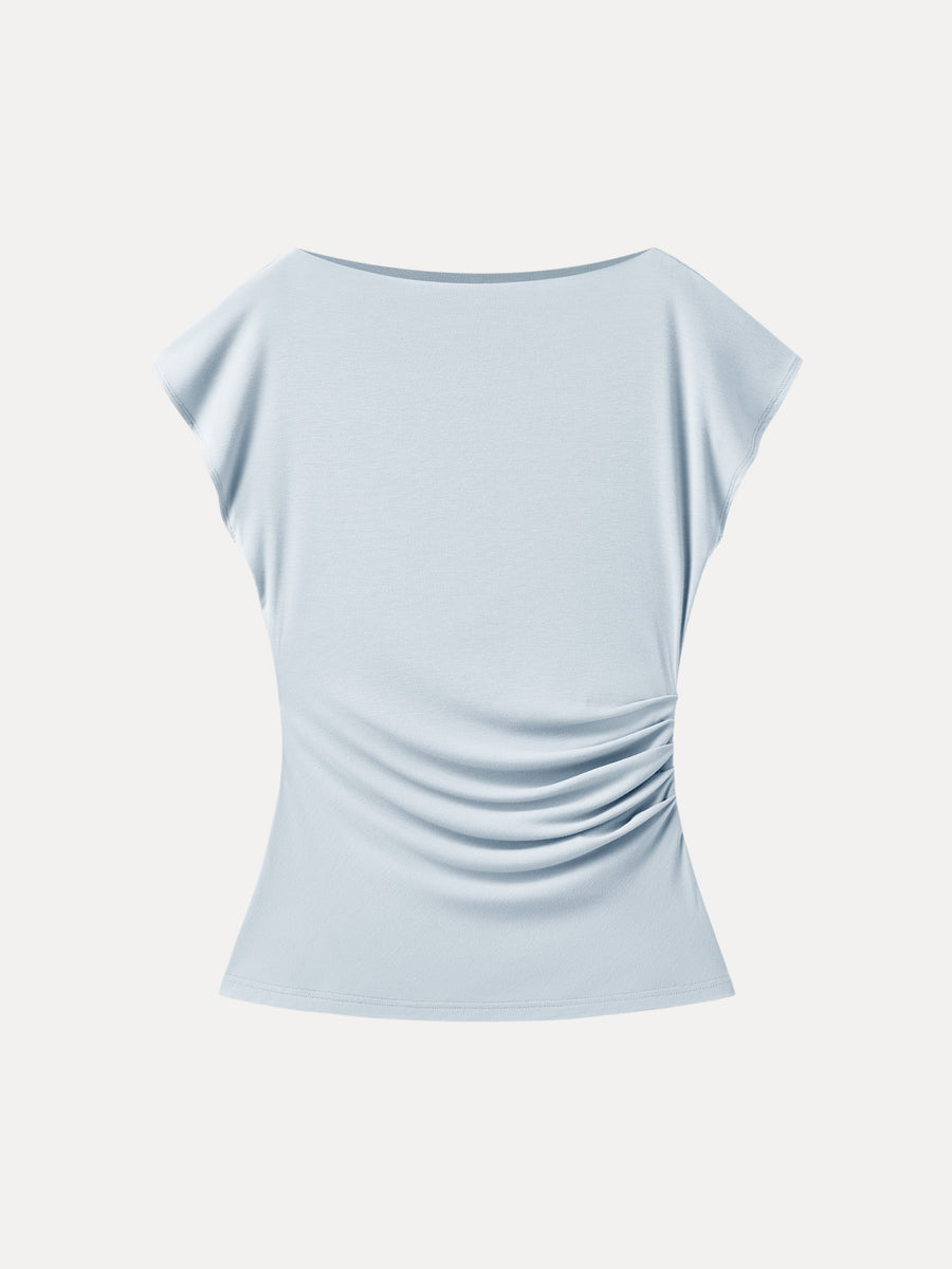 Boatneck Flutter Sleeve Side Tucked Long Tee