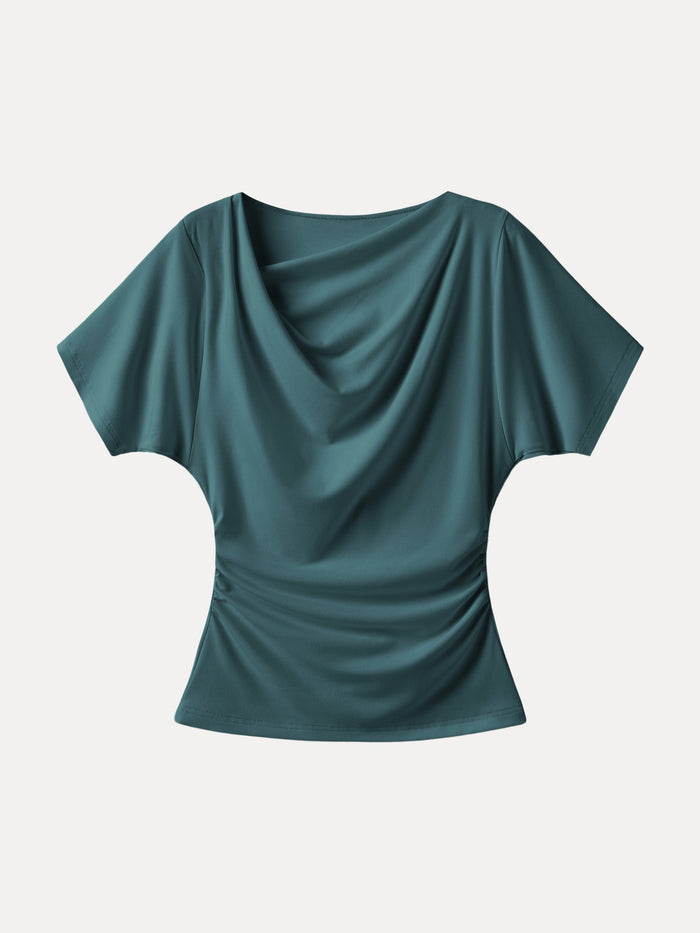 Asymmetrical Cowl Neck Ruched Top