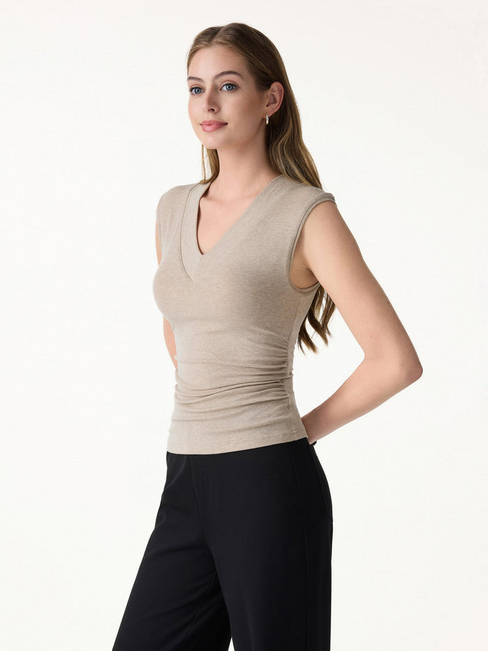 Sweat-Wicking V-Neck Wide Shoulder Ruched Bra Top